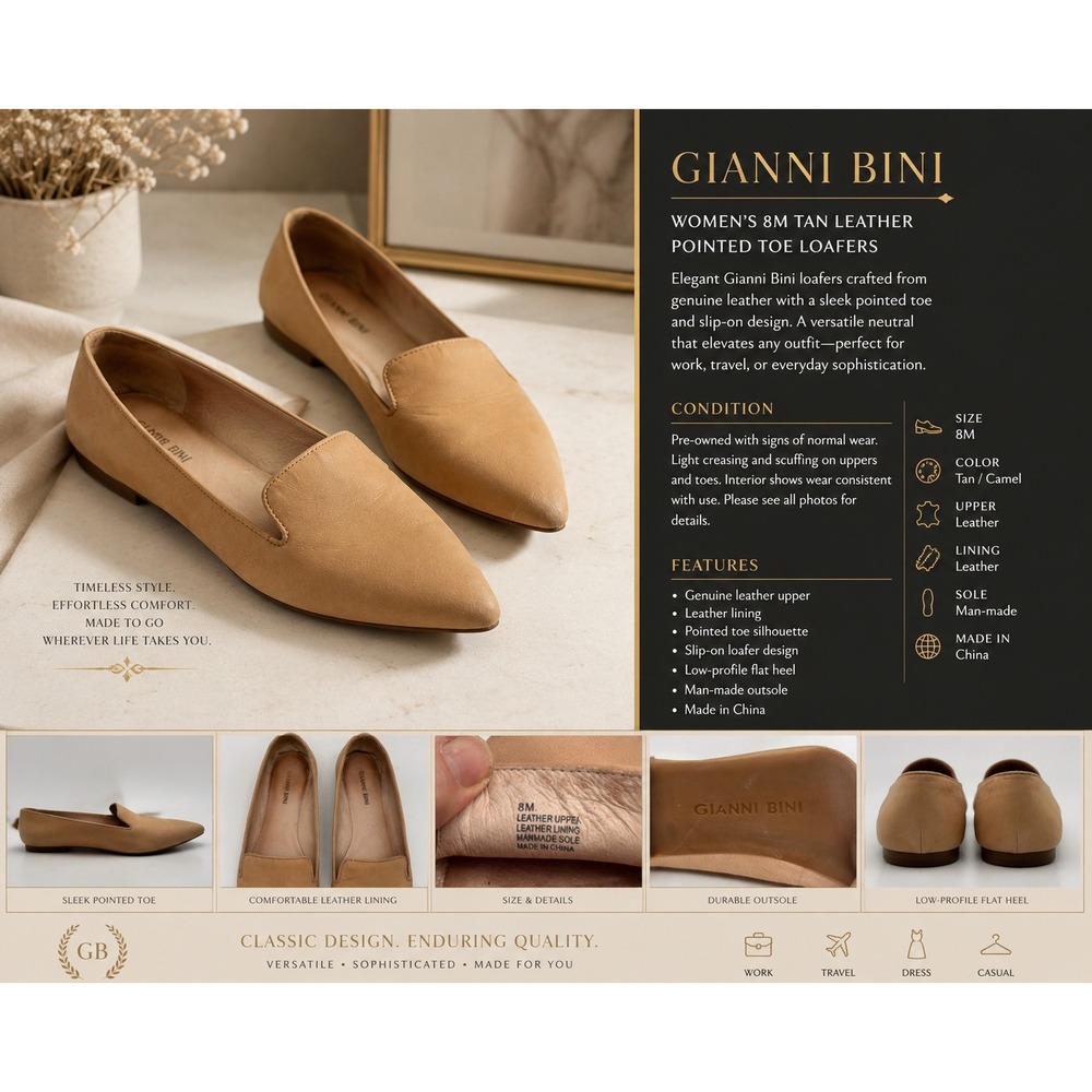 Gianni Bini Women's 8M Tan Leather Pointed Toe Loafers Slip-On Flats